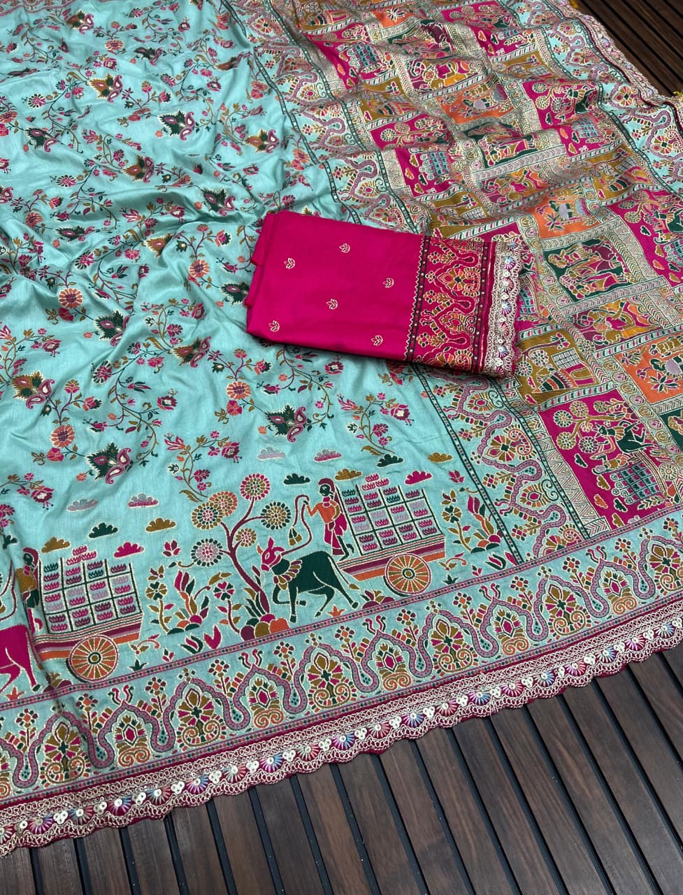 Rajwadi Noor Pashmina Silk Saree with Kashmiri Thread Weaving &amp; Heavy Zari Border