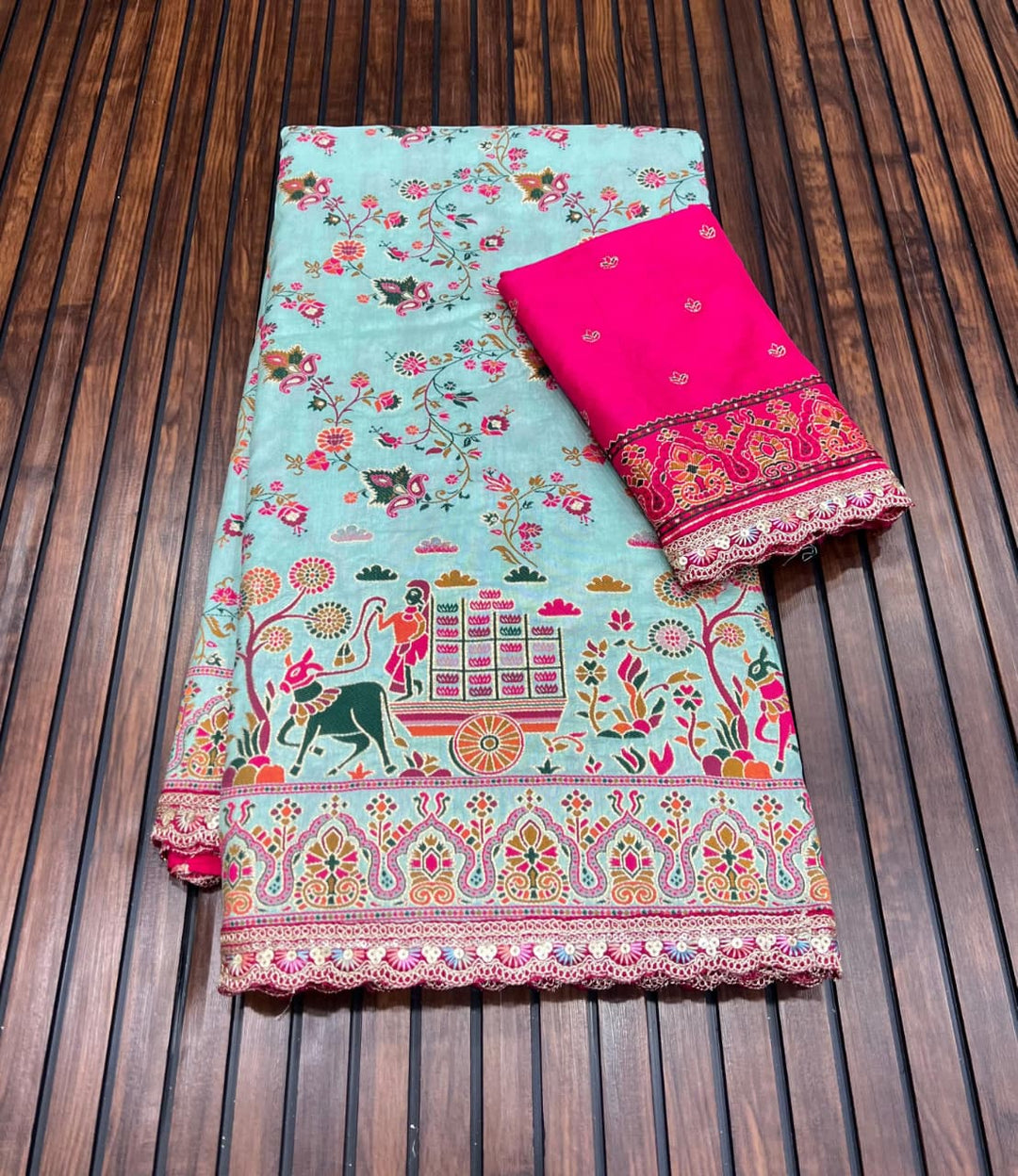 Rajwadi Noor Pashmina Silk Saree with Kashmiri Thread Weaving &amp; Heavy Zari Border