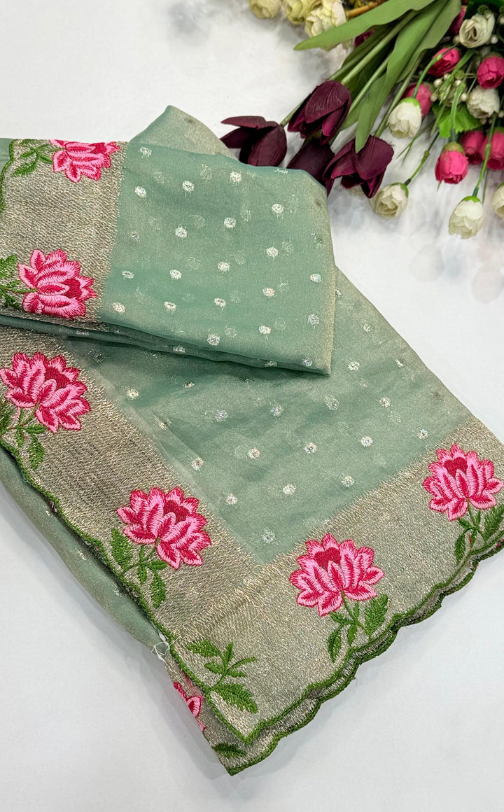 Emerald Noir- Moss Chiffon Saree Mirror Work