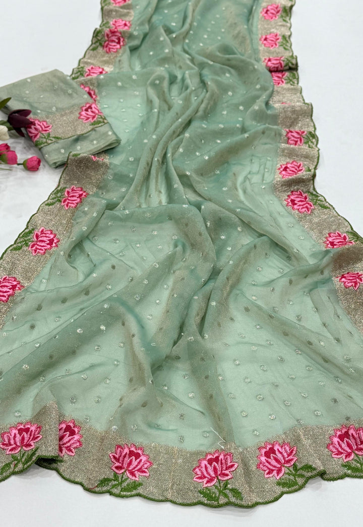 Emerald Noir- Moss Chiffon Saree Mirror Work