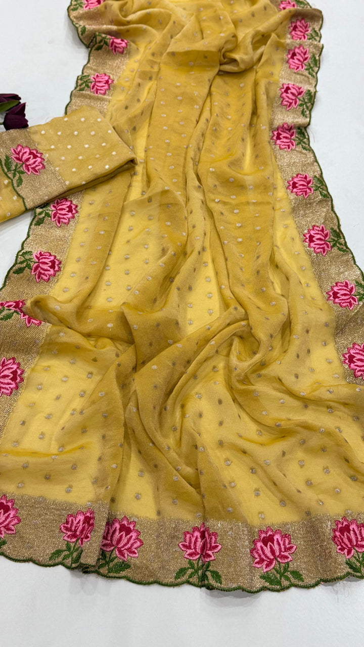 Emerald Noir- Moss Chiffon Saree Mirror Work
