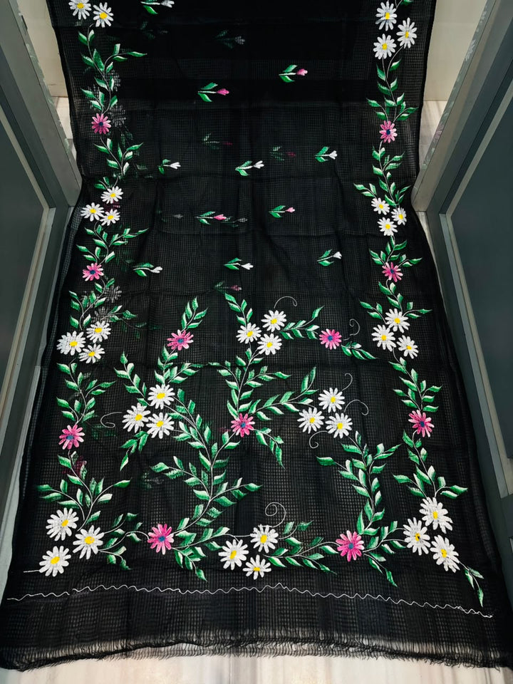 Black Bloom Reshom Kota Saree With Embroidery work