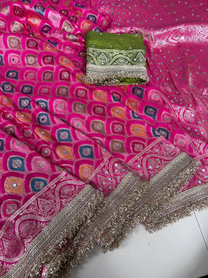 Celestial Splendour Satin Silk Mirrorwork Saree