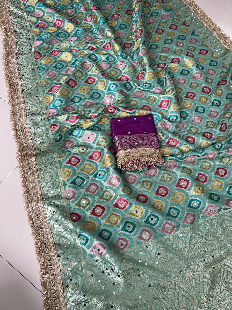 Celestial Splendour Satin Silk Mirrorwork Saree