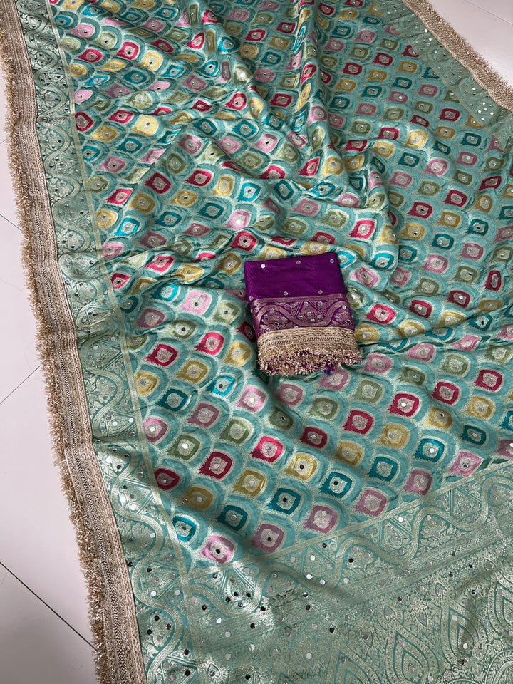 Celestial Splendour Satin Silk Mirrorwork Saree