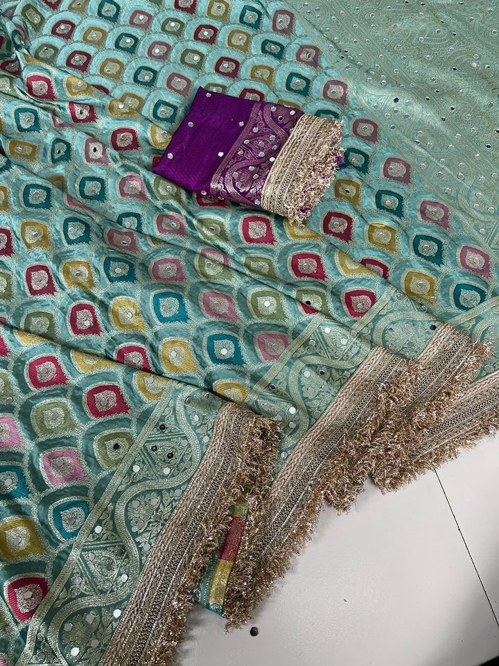 Celestial Splendour Satin Silk Mirrorwork Saree