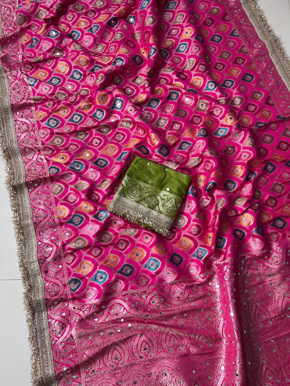 Celestial Splendour Satin Silk Mirrorwork Saree