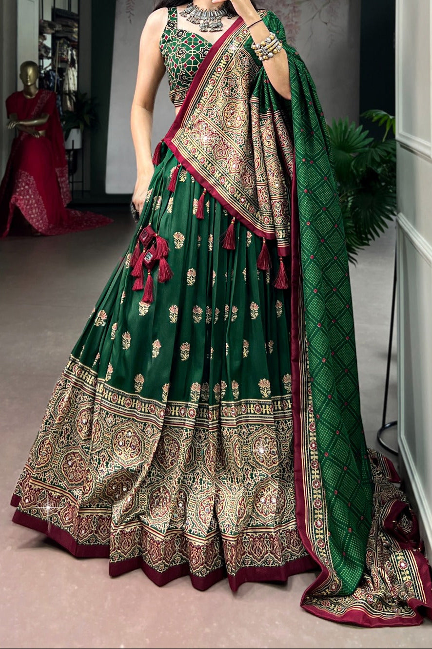 Garba Glow Tussar Silk Lehenga With Mirror Work