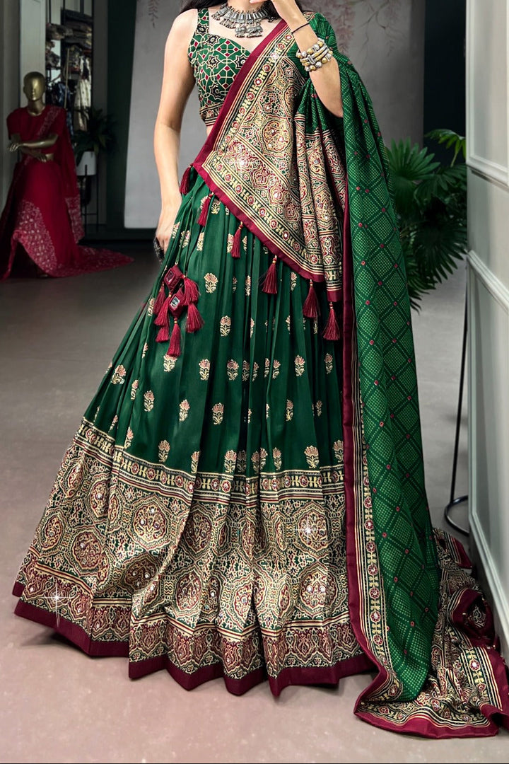 Garba Glow Tussar Silk Lehenga With Mirror Work