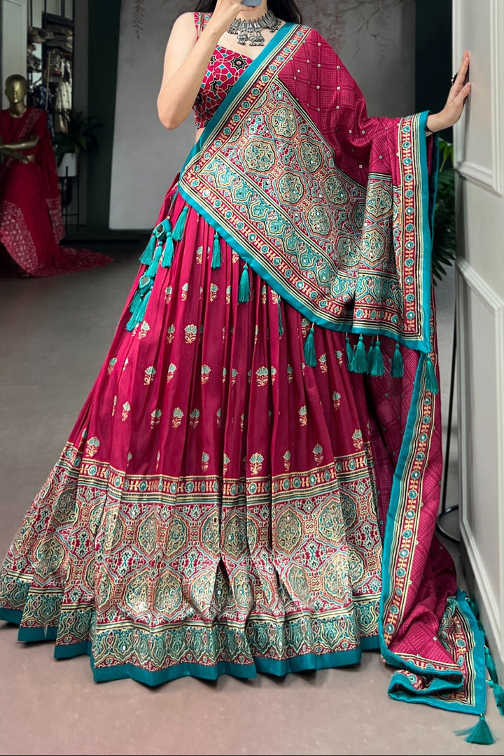 Garba Glow Tussar Silk Lehenga With Mirror Work