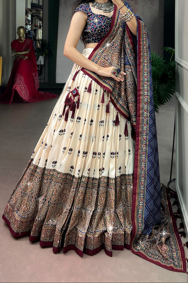 Garba Glow Tussar Silk Lehenga With Mirror Work