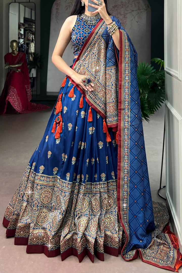 Garba Glow Tussar Silk Lehenga With Mirror Work