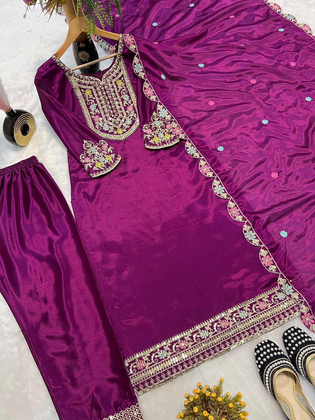 Noble Grace Chinon Silk Embroidered Kurti Set