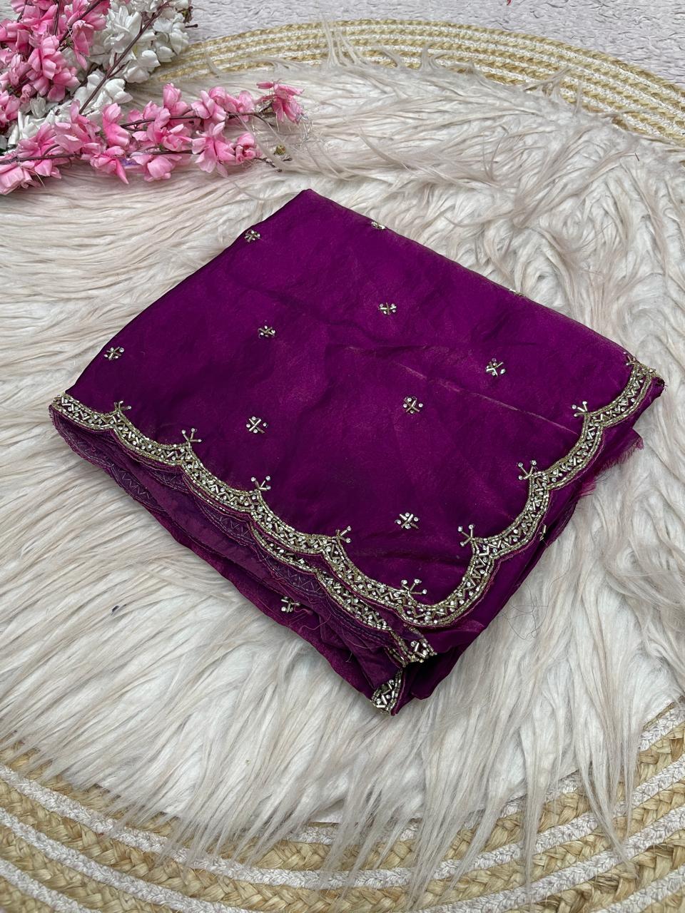 Eyes of Elegance Fandy Satin Silk Saree with Cutdana Work