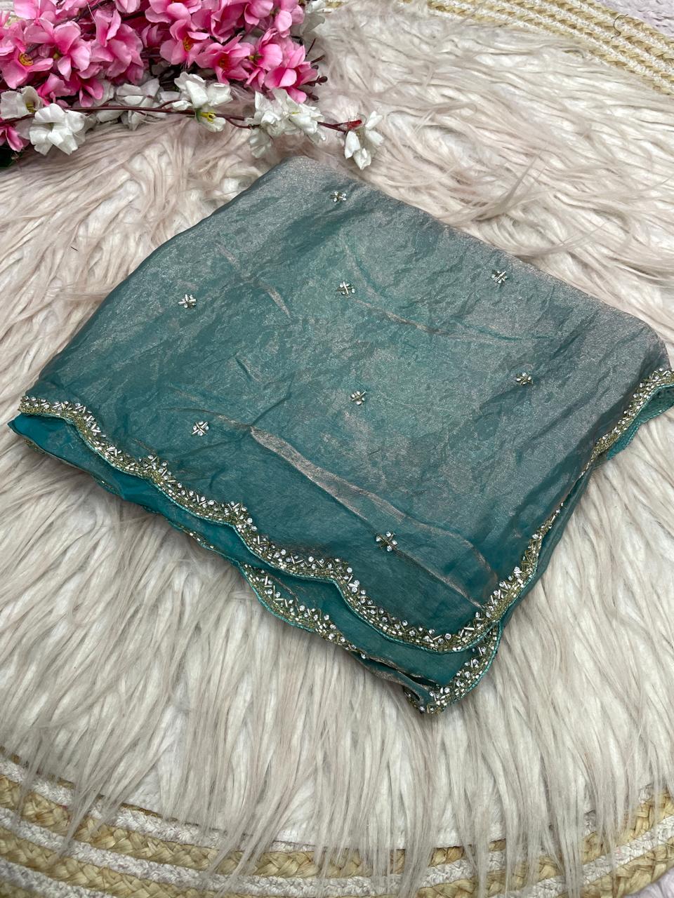 Eyes of Elegance Fandy Satin Silk Saree with Cutdana Work