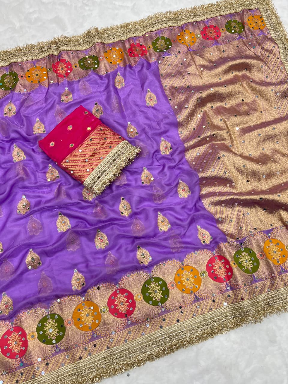 Willow Charm Silk Saree With Mirror Work