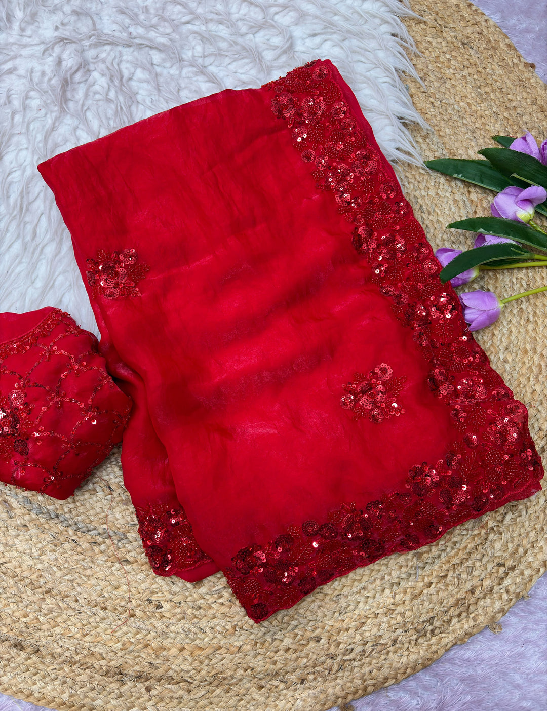Raktima – Red Fendy Satin Silk Saree with Sequin & Beadwork