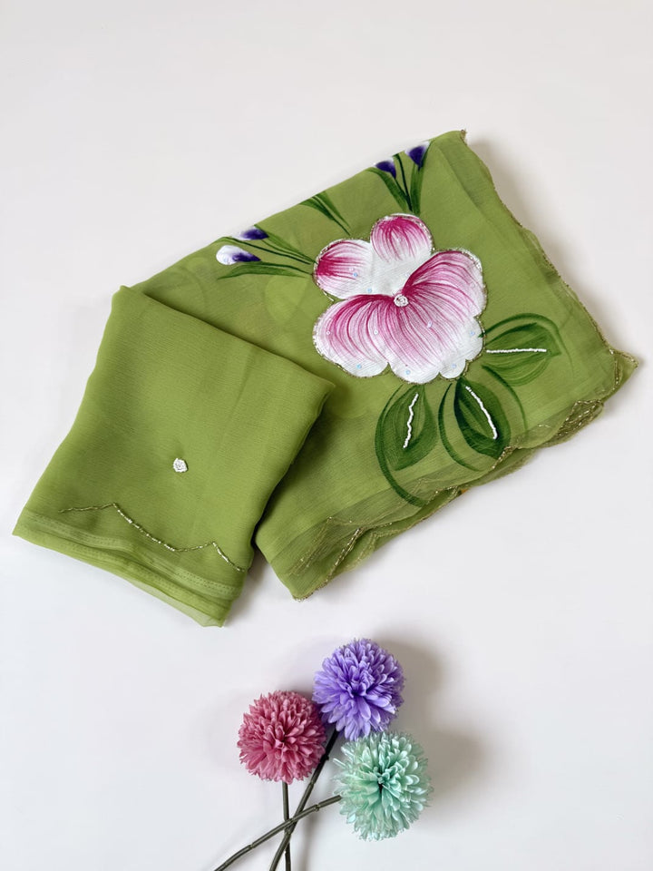 Flowers for Her Soul – Chiffon Handwork Saree with Khatli Work