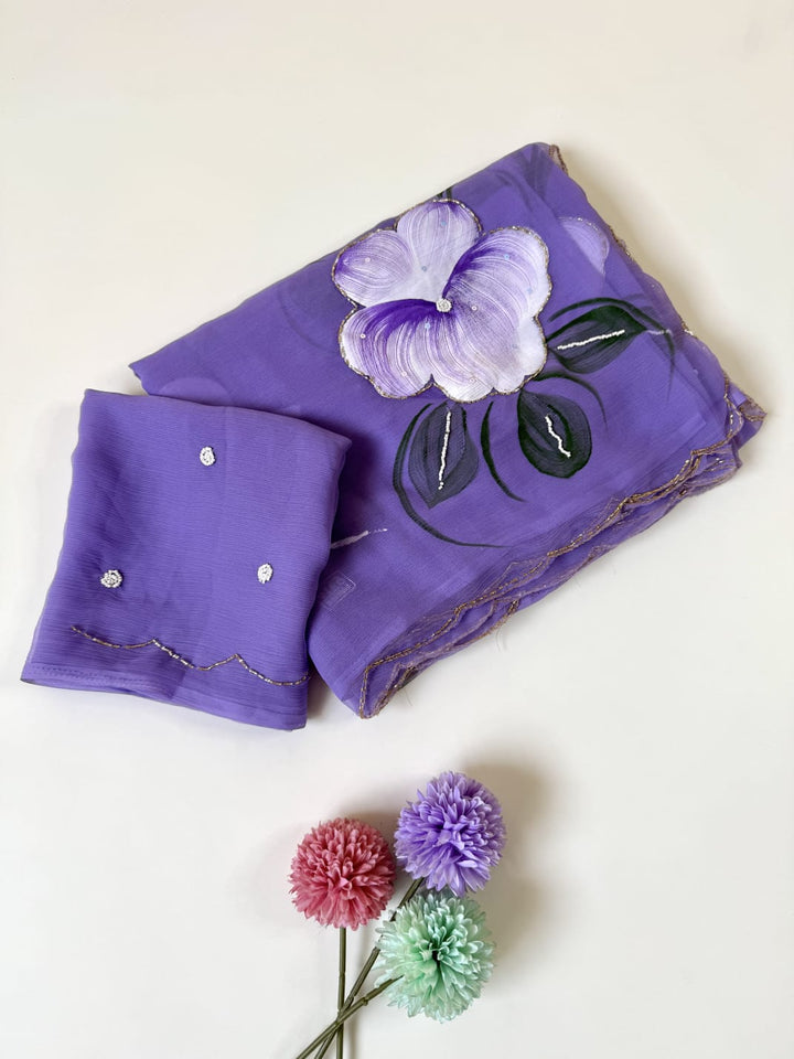 Flowers for Her Soul – Chiffon Handwork Saree with Khatli Work
