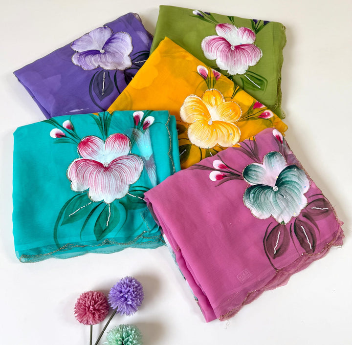 Flowers for Her Soul – Chiffon Handwork Saree with Khatli Work