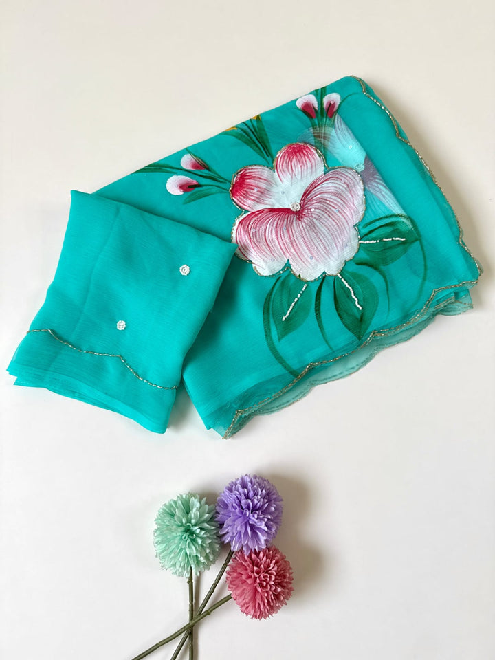 Flowers for Her Soul – Chiffon Handwork Saree with Khatli Work
