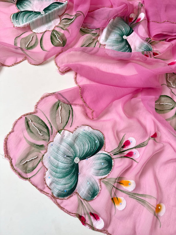 Flowers for Her Soul – Chiffon Handwork Saree with Khatli Work