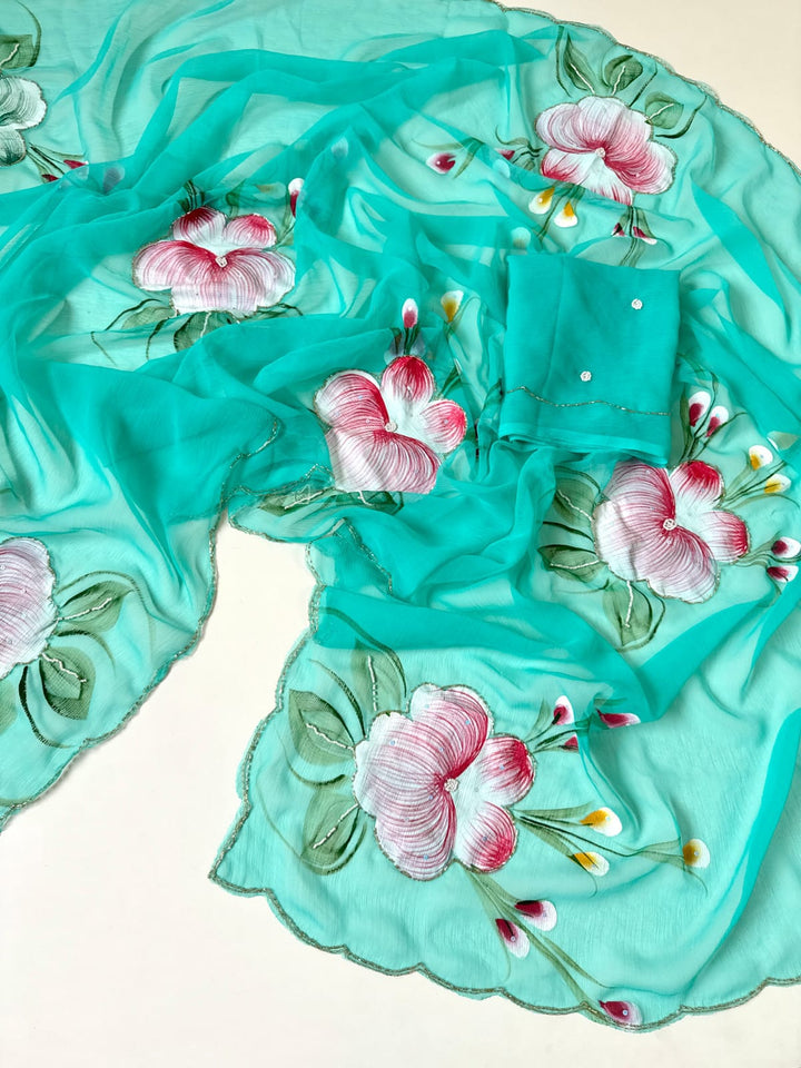 Flowers for Her Soul – Chiffon Handwork Saree with Khatli Work
