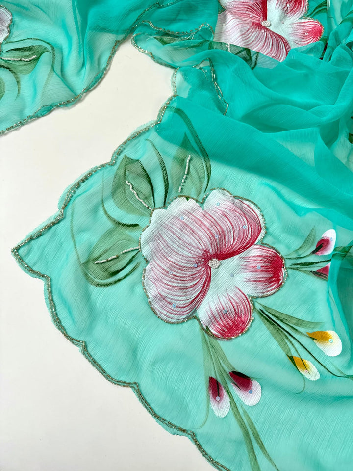 Flowers for Her Soul – Chiffon Handwork Saree with Khatli Work
