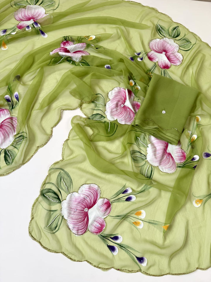 Flowers for Her Soul – Chiffon Handwork Saree with Khatli Work