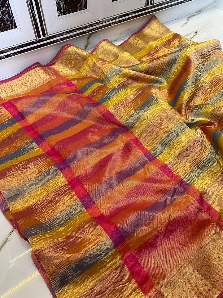 Rainbow Banarasi Crushed Tissue Soft Silk Saree