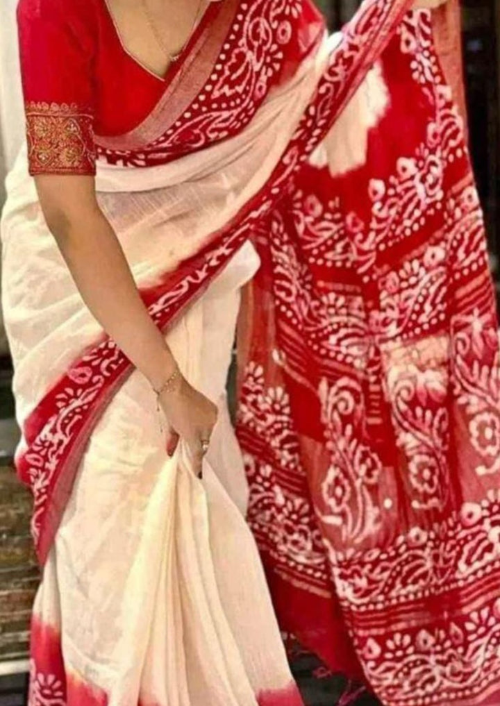 Be You - White Red Cotton Linen Batik Saree