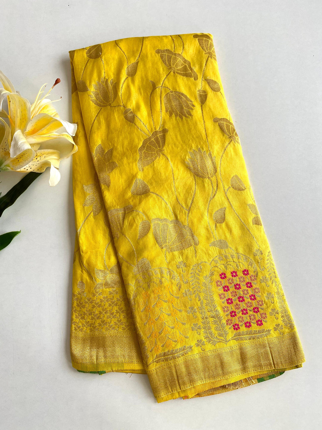 Gleaming Twilight Georgette Yellow Silk Saree