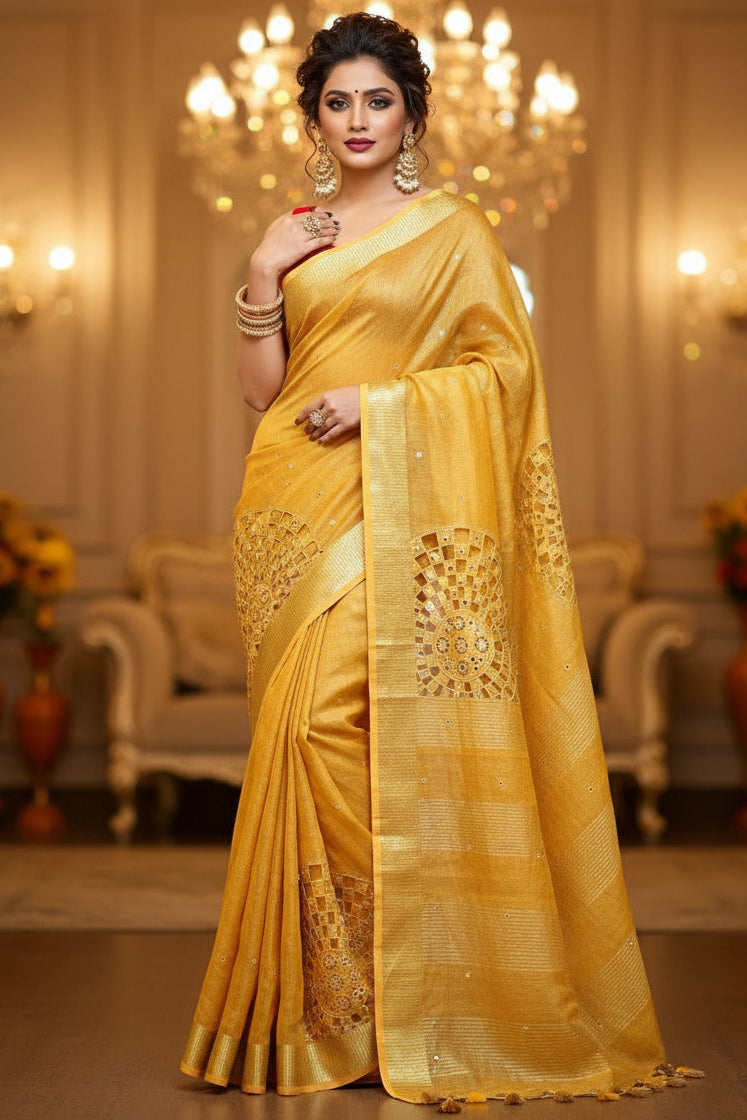 Worth Of A Queen's Crown( Pure Tissue Linen Saree) Golden Yellow