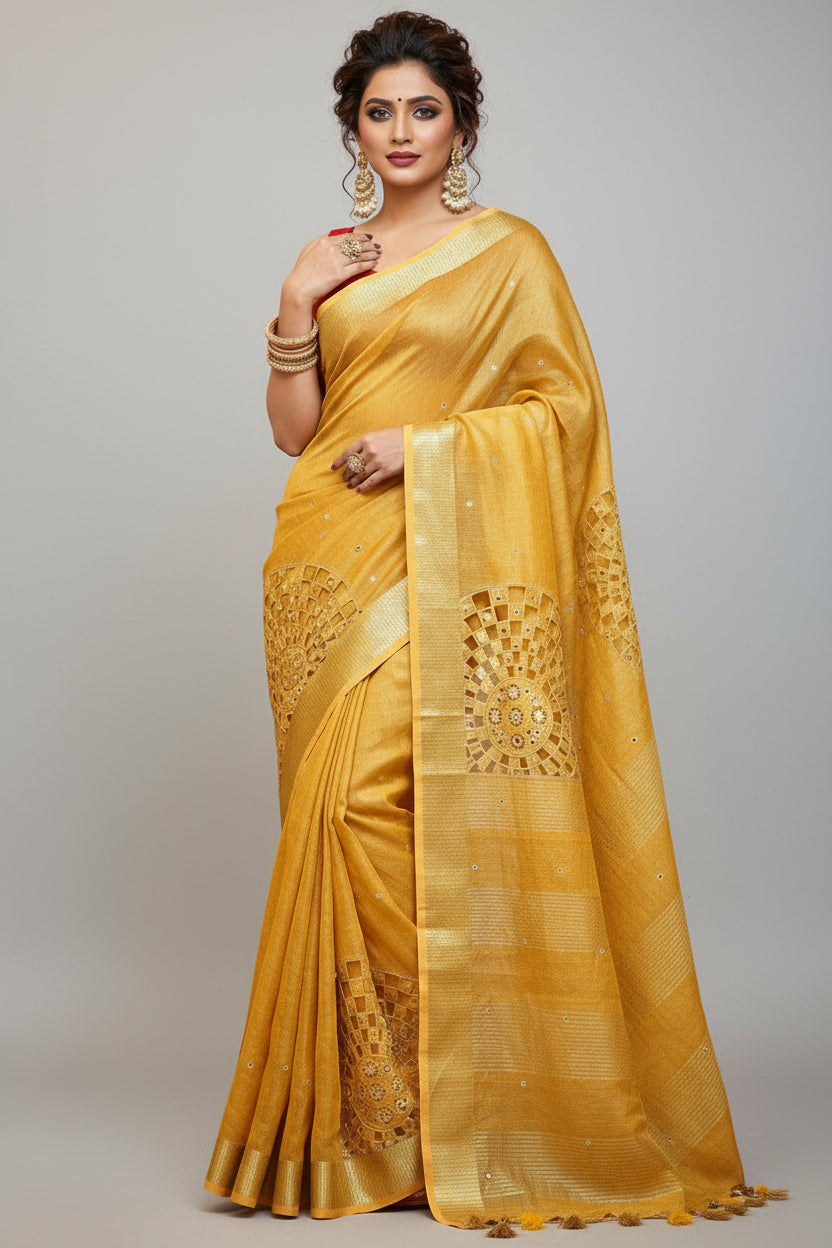 Worth Of A Queen's Crown( Pure Tissue Linen Saree) Golden Yellow