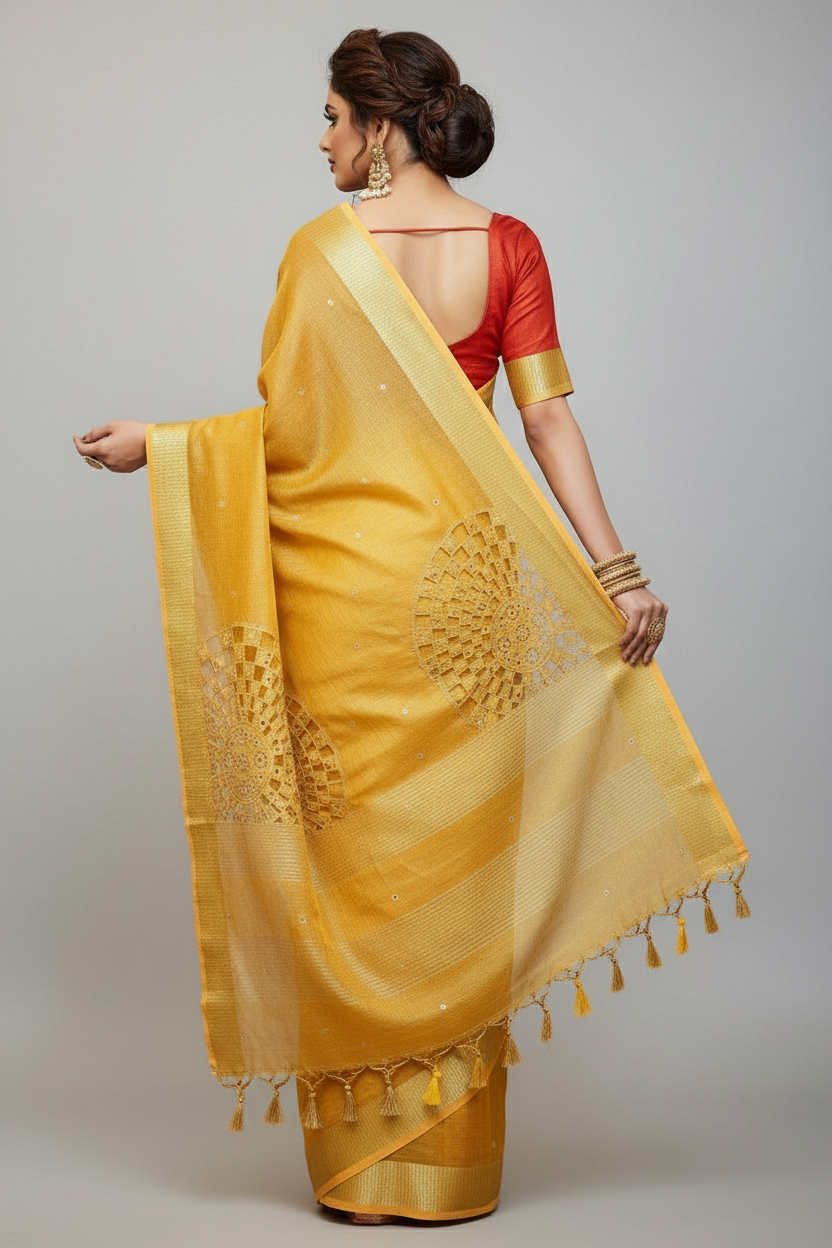 Worth Of A Queen's Crown( Pure Tissue Linen Saree) Golden Yellow