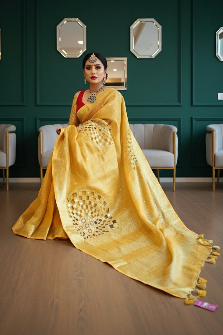 Worth Of A Queen's Crown( Pure Tissue Linen Saree) Golden Yellow