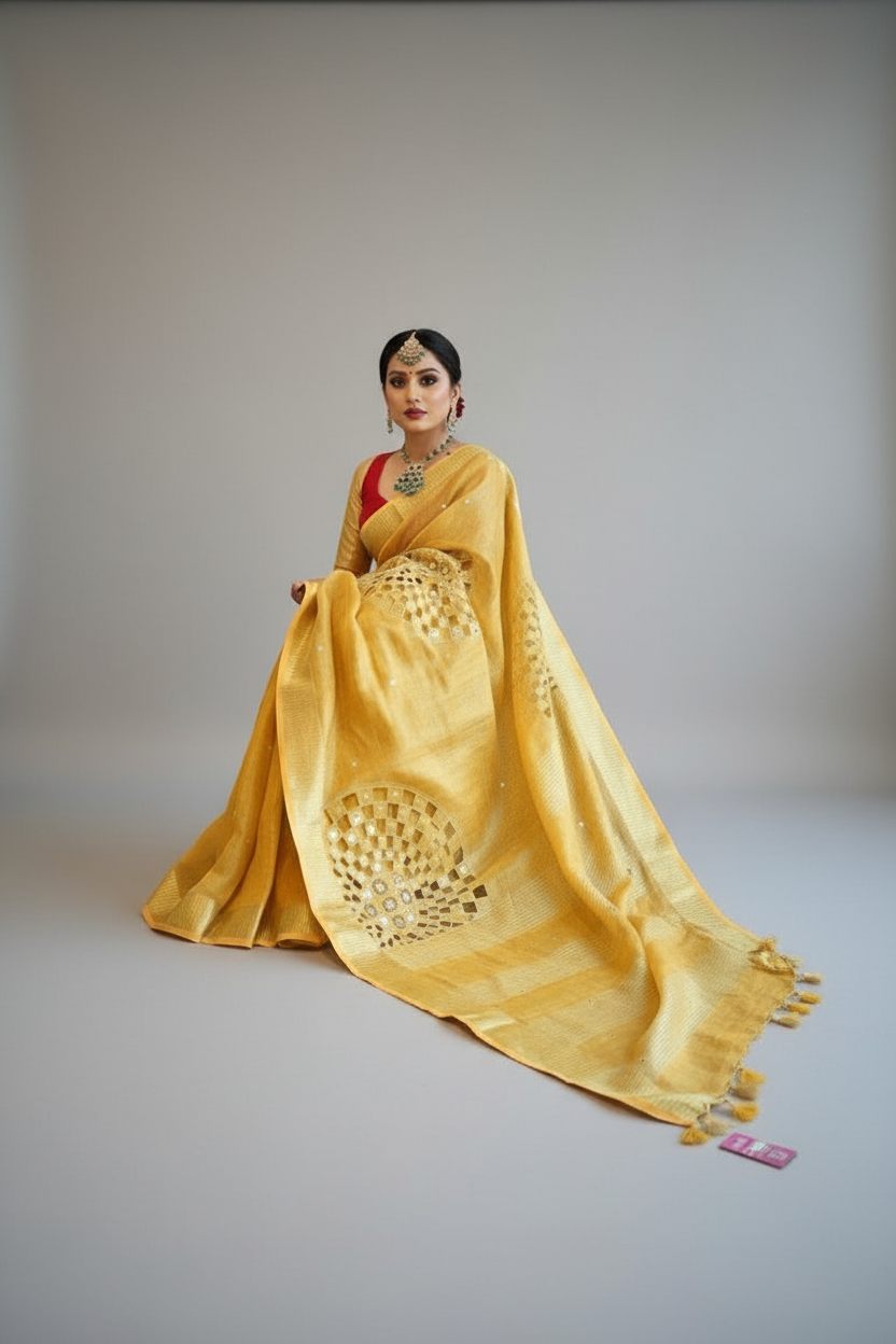 Worth Of A Queen's Crown( Pure Tissue Linen Saree) Golden Yellow