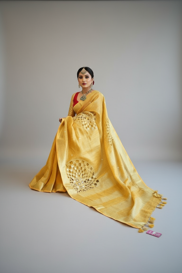 Worth Of A Queen's Crown( Pure Tissue Linen Saree) Golden Yellow