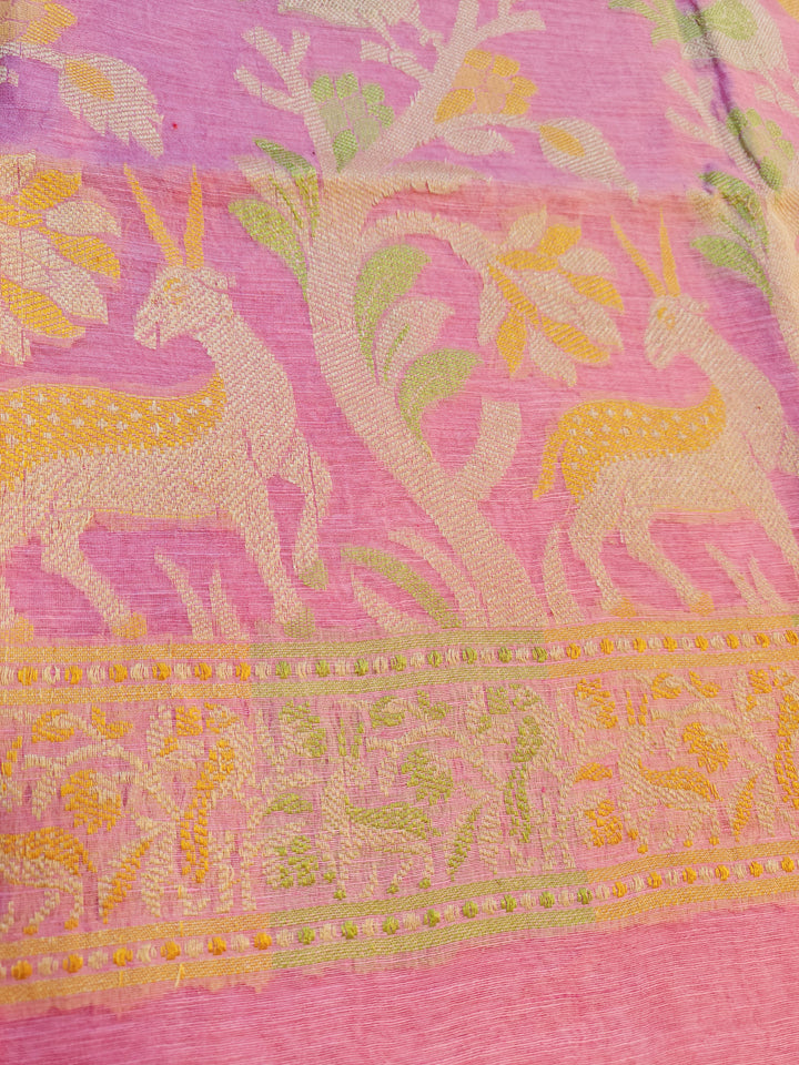 Everlasting Grace -Pure Handwoven Silk Linen Saree(Pink)