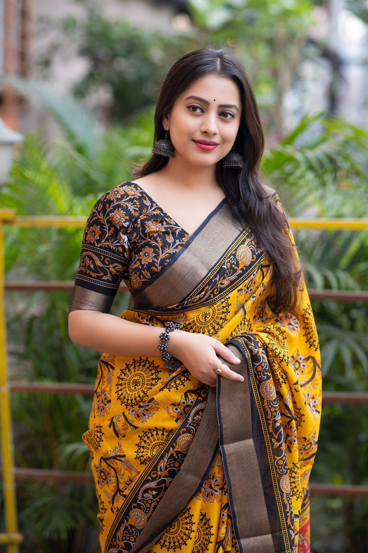 The Only Exception Cotton Crepe Yellow Saree