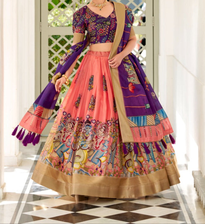 Kalamkari Style Designer Dola Silk Lehenga