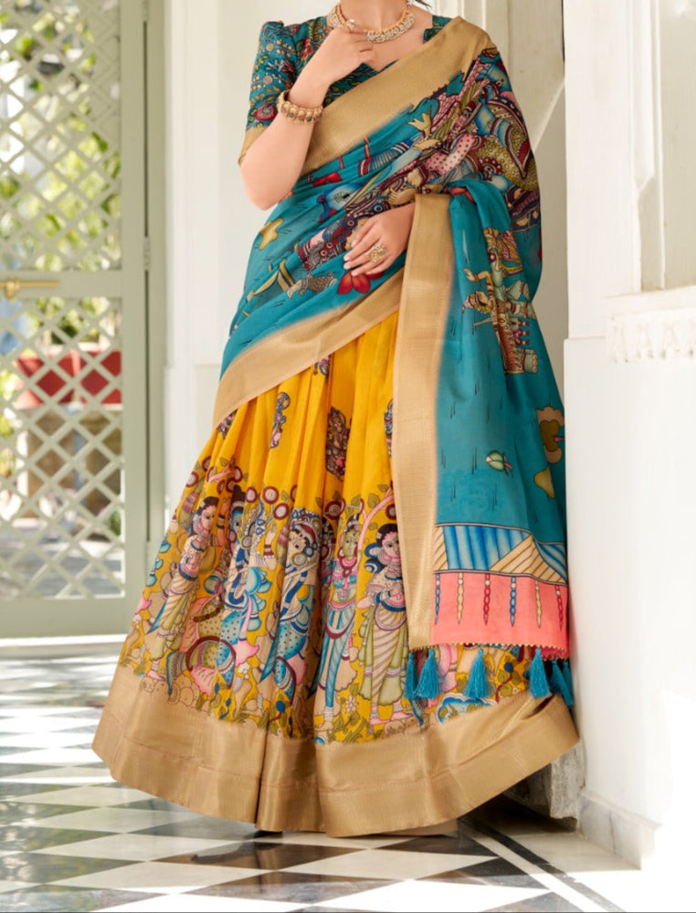 Kalamkari Style Designer Dola Silk Lehenga