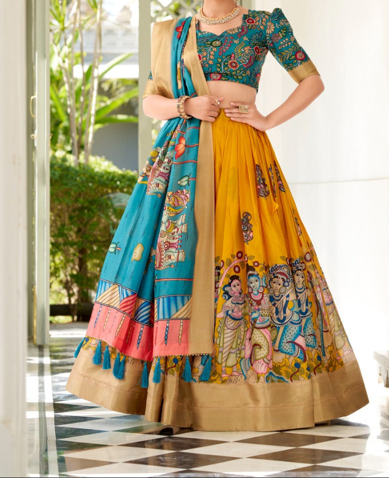 Kalamkari Style Designer Dola Silk Lehenga