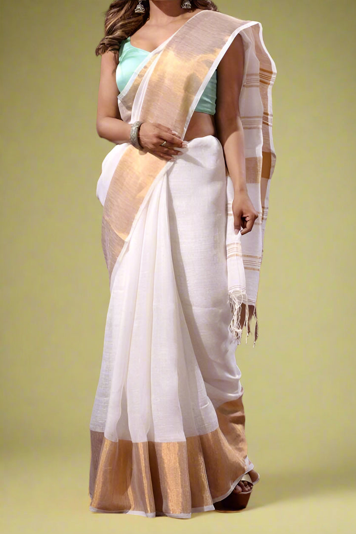 Smaranika White Linen Saree