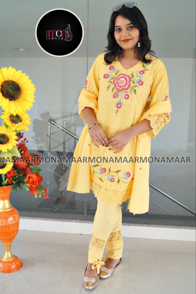 Shades Of Yellow Cotton Kurti Set