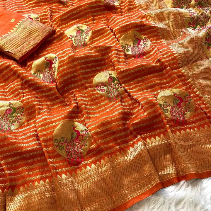 Flaunting Peacock's Feather Banarasi Crepe Khadi Silk Saree