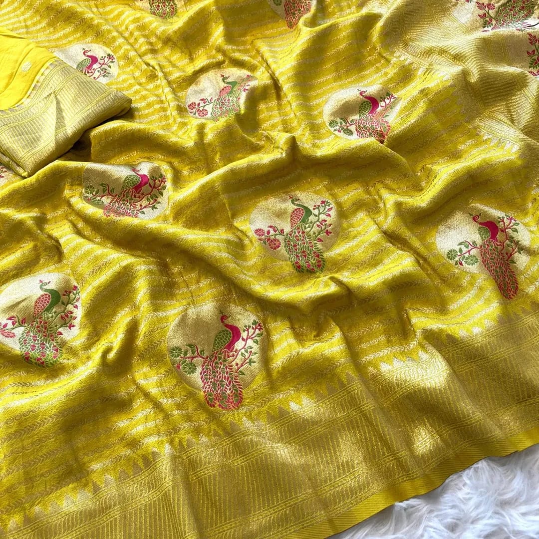 Flaunting Peacock's Feather Banarasi Yellow Crepe Khadi Silk Saree