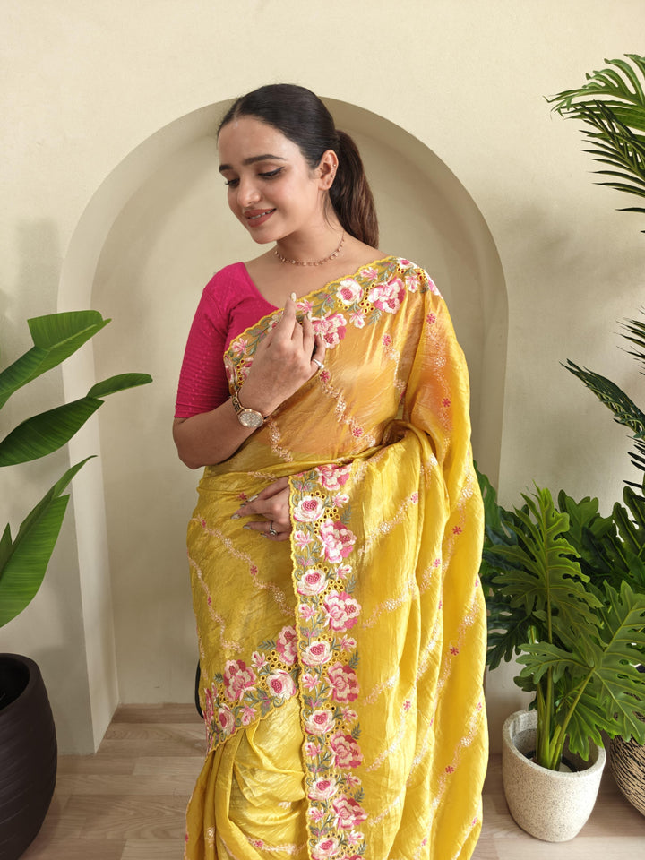 Love In The Air Crush Silk Yellow Saree