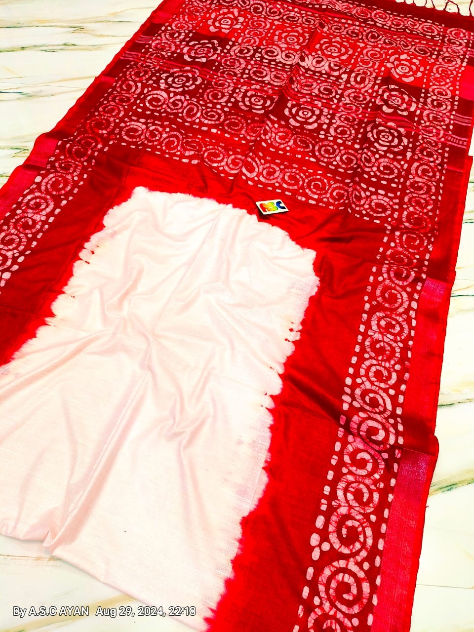 Be You - White Red Cotton Linen Batik Saree