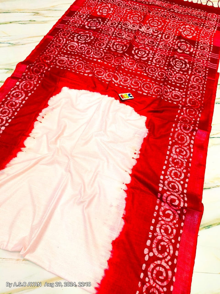 Be You - White Red Cotton Linen Batik Saree